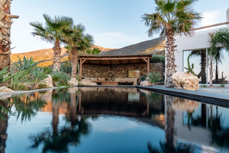 One of the finest villa rentals in Paros, Greece, featuring panoramic sea views and spacious outdoor terraces.